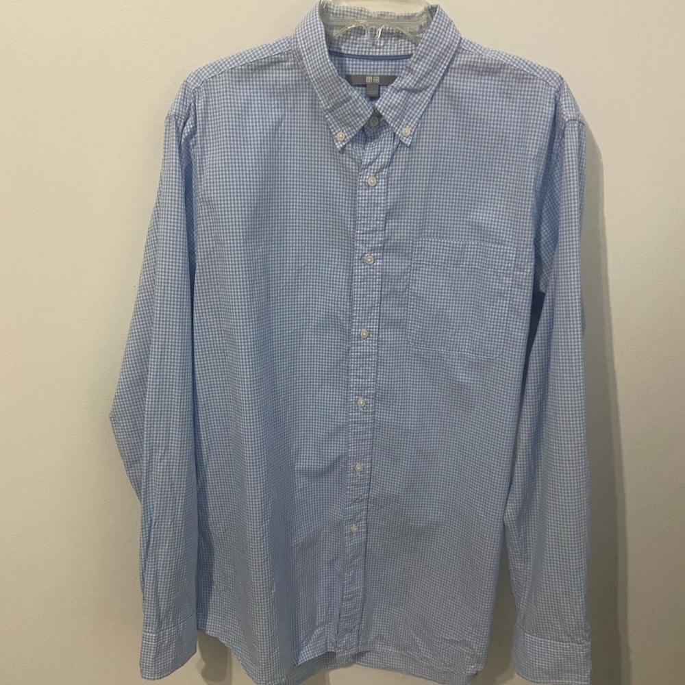 Uniqlo Men’s Blue/White Cotton Broadcloth Checkered Long-Sleeve Shirt-Large